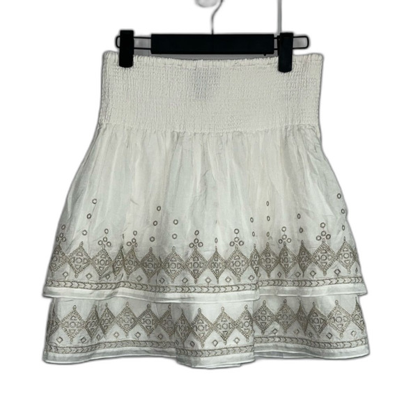 WHBM White Gold Embroidered Smocked Waist Tiered Silk Mini Skirt Size XS - Picture 2 of 7
